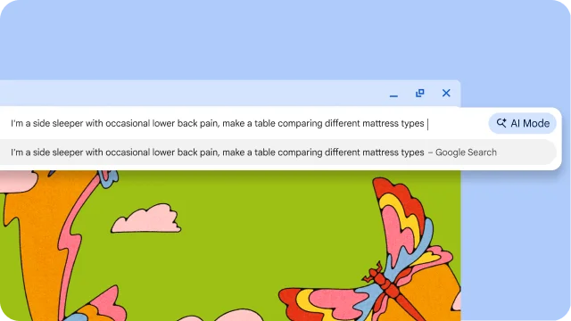 Text in a search bar says 'I'm a side sleeper with occasional lower back pain, make a table comparing different mattress types.'