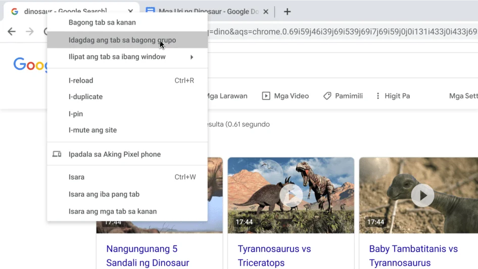 Window ng Chrome browser na may dialog box na nagpapakita ng paggawa ng bagong grupo ng tab.