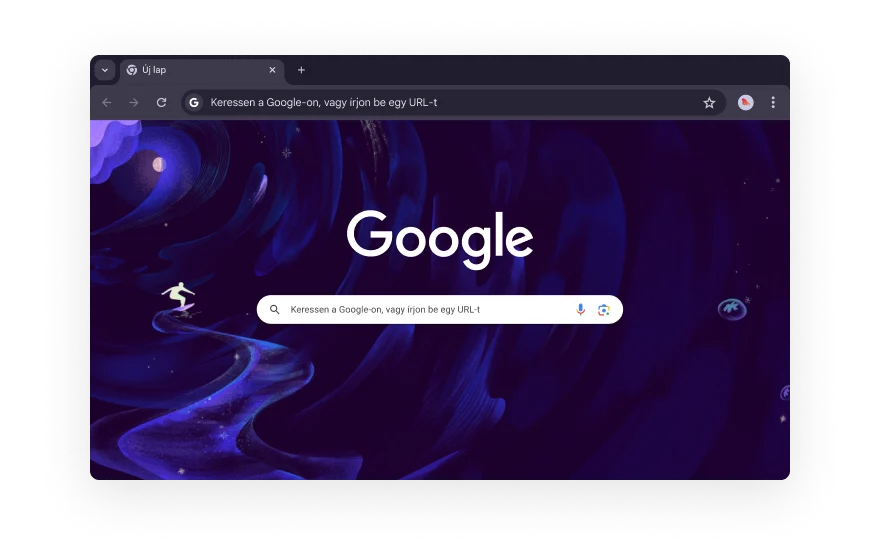 Egy absztrakt Chrome-kezelőfelület körül különböző böngészőbővítményeket képviselő ikonok láthatók. Az ikonok a következőket jelképezik: vásárlás, szórakozás, eszközök, művészetet és dizájn, valamint kisegítő lehetőségek.