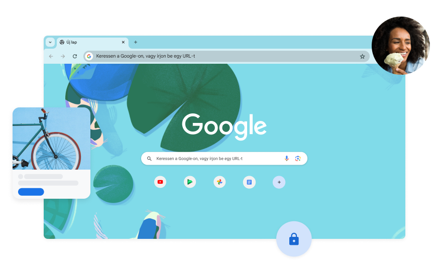 A Google keresési oldalának háttere egy kék illusztráció, amely koi pontyokat ábrázol egy tóban. Az egyik sarokban egy nő fotója van.