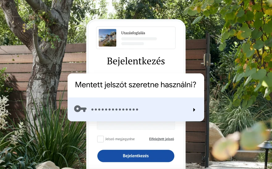 Utazásfoglalás bejelentkező oldala, amely mentett jelszót kér a felhasználótól. A háttér egy természeti témájú kép.