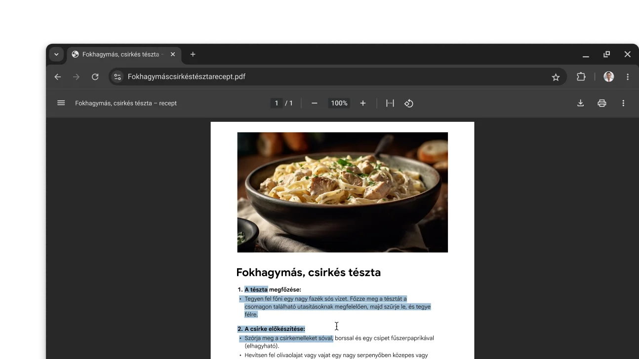 Egy receptet tartalmazó PDF van megnyitva egy Chrome böngészőablakban. A felhasználó szöveget jelölt ki a PDF-fájlban.