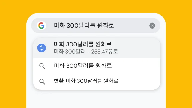 사용자가 Chrome의 주소 표시줄에 '미화 300달러를 유로로'라고 입력하자 즉시 결과가 생성되었습니다.