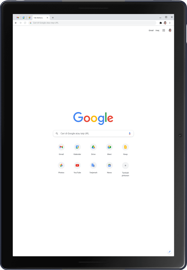Tablet Pixel Slate dalam mod Potret yang memaparkan halaman utama Google.