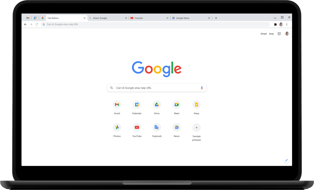 Penjuru atas sebelah kiri komputer riba Pixelbook dengan skrin yang memaparkan Google.com.