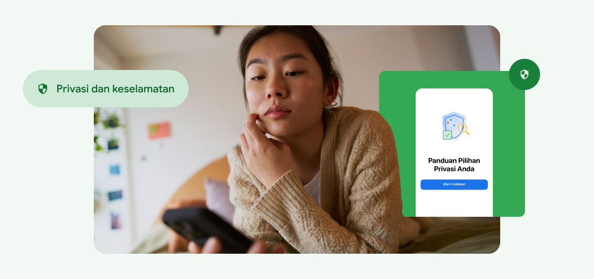 Seorang wanita menyentuh muka sendiri dan memandang telefon.