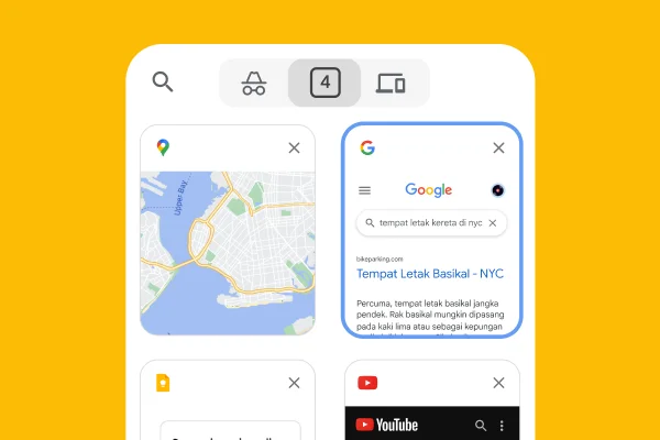 Penyemak imbas mudah alih memuatkan tab daripada penyemak imbas desktop, termasuk Google Maps dan maklumat tempat letak kereta NYC.