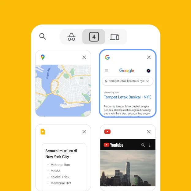 Penyemak imbas mudah alih memuatkan tab daripada penyemak imbas desktop, termasuk Google Maps dan maklumat tempat letak kereta NYC.