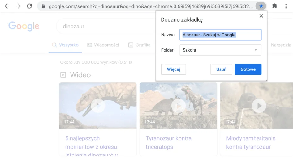 Okno przeglądarki Chrome z widocznym otwartym oknem dialogowym Dodaj do zakładek.