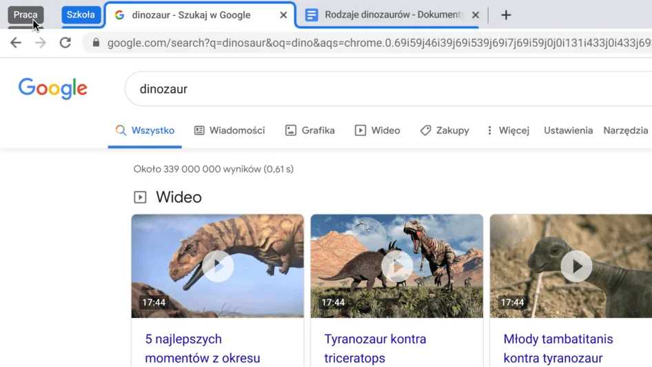 Okno przeglądarki Chrome pokazujące zwijanie grupy kart.