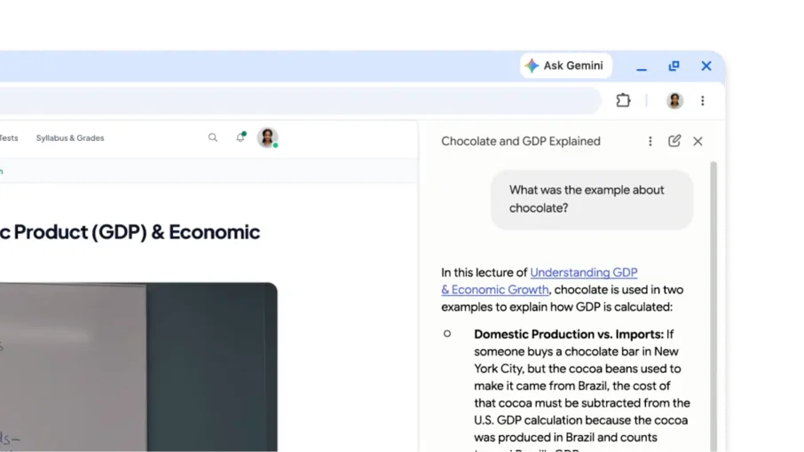 On an educational video, a user asks Gemini in Chrome for an example the video gave and the timestamps where it was covered