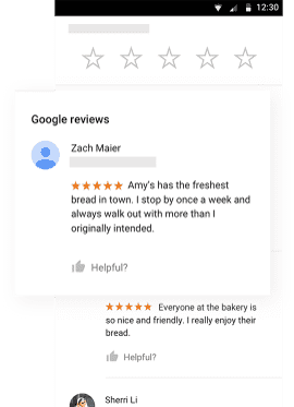 Example Business Profile for a bakery, highlighting the Reviews feature.