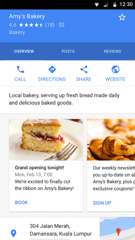 Example Business Profile for a bakery, highlighting the Posts feature.